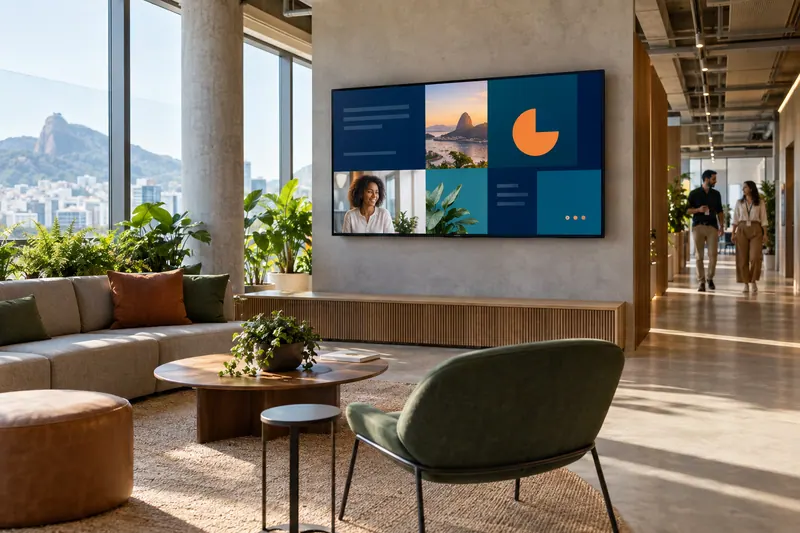 Cenário ilustrativo de área comum de empresa com mural digital para comunicação interna